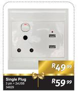 Single Plug 3 Pin + 2 x USB 34829