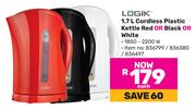 Logik 1.7Ltr Cordless Plastic Kettle (Red Or Black Or White)-Each