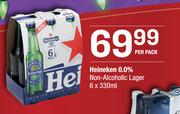 Heineken 0.0% Non Alcoholic Lager 6 x 330ml Per Pack