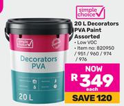 Simple Choice 20L Decorators PVA Paint Assorted