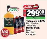 Tullamore D.E.W Irish Whiskey 750ml And Devil's Peak Lager Handies 6 x 330ml-Per Combo
