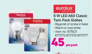 Eurolux 6 W LED A60 Classic Twin Pack Globes-Per Pack