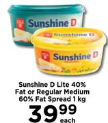 Sunshine D Lite 40% Fat or Regular Medium 60% Fat Spread 1kg-Each