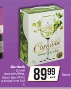 Olive Brook Carnivel Natural Dry White,Natural Sweet White Or Natural Sweet Rose-3L Each