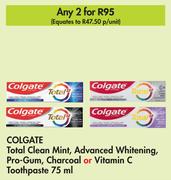 Colgate Total Clean Mint Advanced Whitening,Pro Gum,Charcoal Or Vitamin C Toothpaste-For 2 x 75ml