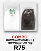 1 x Cerebos Coarse Salt Refill 500g, 1 x Cerebos Pepper Refill 200g-Combo