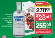 Absolut Vodka (All Variants) 750ml & Spar Juice (All Variants) 1L