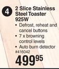 Stellar 925W 2 Slice Stainless Steel Toaster