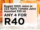Rugani 100% Juice Or ZZ2 100% Tomato Juice Assorted-For Any 4 x 330ml 