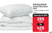 Primaries Hollow Fibre Duvet Inner-Each