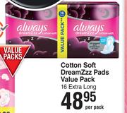 Always Cotton Soft Dreamzzz Pads Value Pack 16 Extra Long-Per Pack