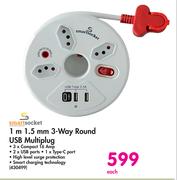 Smart Socket 1m 1.5mm 3 Way Round USB Multiplug-Each