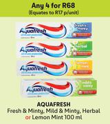 Aquafresh Fresh & Minty, Mild & Minty, Herbal Or Lemon Mint-For Any 4 x 100ml