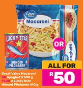 Great Value Macaroni Or Spaghetti 500g Plus 2 Lucky Star Minced Pilchards 410g-For All