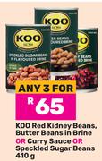 Koo Red Kidney Beans, Butter Beans In Brine Or Curry Sauce Or Speckled Sugar Beans-For Any 3 x 410g