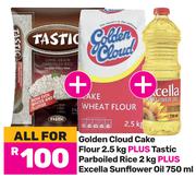 Golden Cloud Cake Flour 2.5Kg Plus Tastic Rice 2Kg Plus Excella Sunflower Oil 750ml-For All