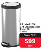 Primaries 27L Stainless Steel Pedal Bin-Each
