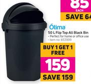 Otima 50L Flip Top All Black Bin (Buy 1, Get 1 Free)