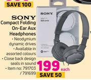 Sony Compact Folding On-Ear Aux Headphones-Each