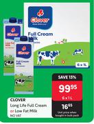 Clover Long Life Full Cream Or Low Fat Milk-6 x 1Ltr 
