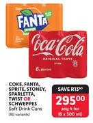 Coke, Fanta, Sprite, Stoney, Sparletta, Twist Or SCHWEPPES Soft Drinks-For Any 4 x 6 x 300ml