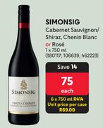 Simonsig Cabernet Sauvignon/Shiraz, Chenin Blanc Or Rose-750ml Each