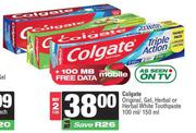Colgate Original, Gel, Herbal Or Herbal White Toothpaste-For 2 x 100ml/150ml