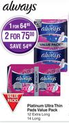 Always Platinum Ultra Thin Pads Value Pack 12 Extra Long, 14 Long-For 2