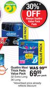 Always Quattro Maxi Thick Pads Value Pack 32 Extra Long, 36 Long-Per Pack