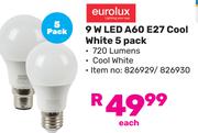 Eurolux 9W LED A60 E27 Cool White 5 Pack-Each
