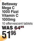 Bettaway Mega C 1000 Fizzi Vitamin C 1000mg 10 Effervescent Tablets