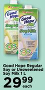 Good Hope Regular Soy Or Unsweetened Soy Milk-1Ltr Each
