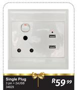 Single Plug 3 Pin + 2 x USB 34829