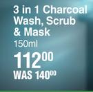 Garnier Pure Active 3 In 1 Charcoal Wash, Scrub & Mask-150ml