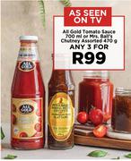 All Gold Tomato Sauce 700ml Or Mrs. Ball's Chutney Assorted 470g-For Any 3