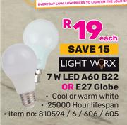 Lightworx 7W LED A60 B22 Or E27 Globe-Each