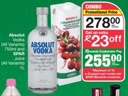 Absolut Vodka 750ml And Spar Juice 1Ltr-Per Combo