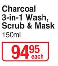 IQ Charcoal 3 In 1 Wash, Scrub & Mask-150ml Each