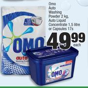 Omo Auto Washing Powder 2Kg, Auto Liquid Concentrate 1.5Ltr Or Capsules 17s-Each