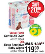 Johnson's Value Pack Gentle All Over 4 x 72 Wipes Or Extra Sensitive Baby Wipes 4 x 56 Wipes-Per Pac
