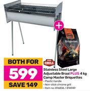 Expert Grill Stainless Steel Large Adjustable Braai Plus 4Kg Campmaster Briquettes-Both For