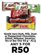 Nestle Aero Dark, Milk, Duet, Peppermint, Kitkat, Milkybar Smarties, Tex Or Barone-For Any5 x40g/42g
