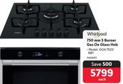 Whirlpool 750mm 5 Burner Gas On Glass Hob GOA 7523/NB1