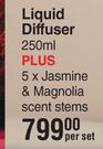 Circa Liquid Diffuser-250ml Plus 5 x Jasmine & Magnolia Scent Stems-Per Set