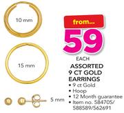 Assorted 9ct Gold Earrings-Each