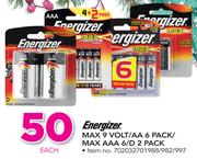 Energizer Max 9 Volt/AA 6 Pack/Max AAA 6/D 2 Pack-Each