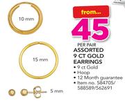 Assorted 9Ct Gold Earrings-Per Pair