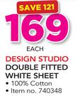Design Studio Double Fitted White Sheet-Each