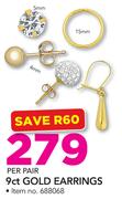 JCSA 9ct Gold Earrings-Per Pair