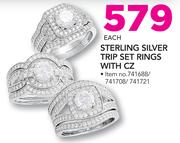 Sterling Silver Trip Set Rings With CZ-Each